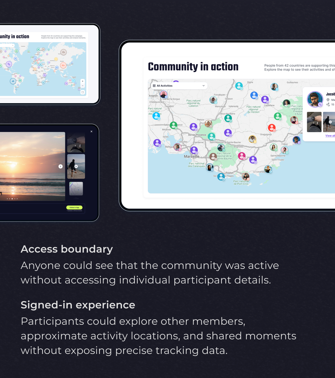Signed-in community map experience showing participant activity, approximate locations, and shared moments